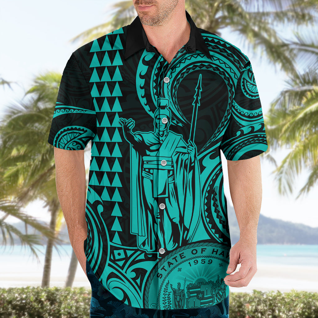 King Kamehameha Day Hawaii Hawaiian Shirt Paradise of the Pacific Tribal Kakau with Kanaka Maoli - Turquoise LT9 - Polynesian Pride