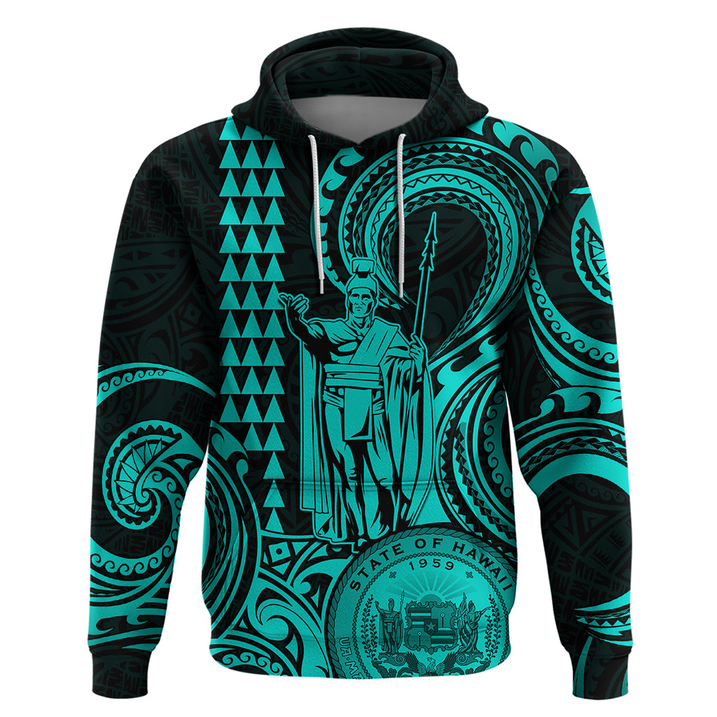 King Kamehameha Day Hawaii Hoodie Paradise of the Pacific Tribal Kakau with Kanaka Maoli Turquoise LT9 Turquoise - Polynesian Pride