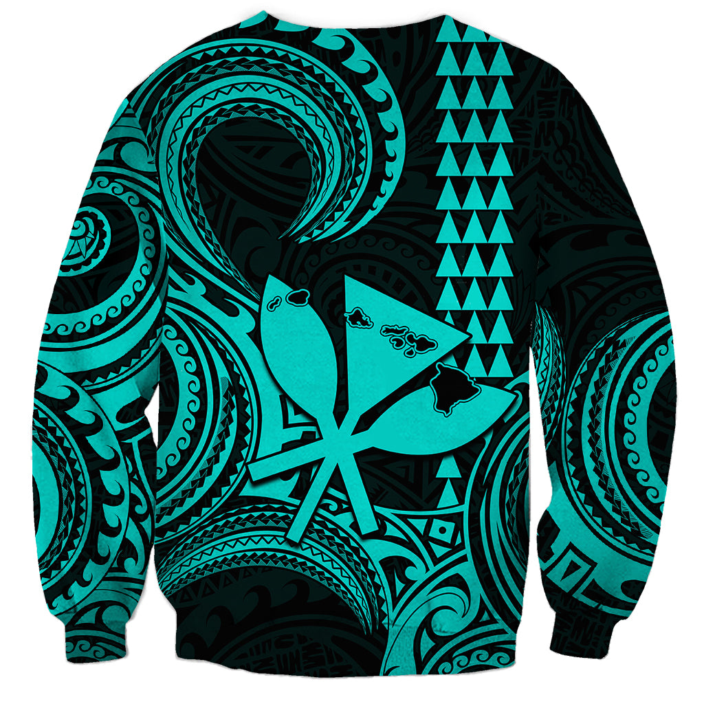 King Kamehameha Day Hawaii Sweatshirt Paradise of the Pacific Tribal Kakau with Kanaka Maoli - Turquoise LT9 - Polynesian Pride