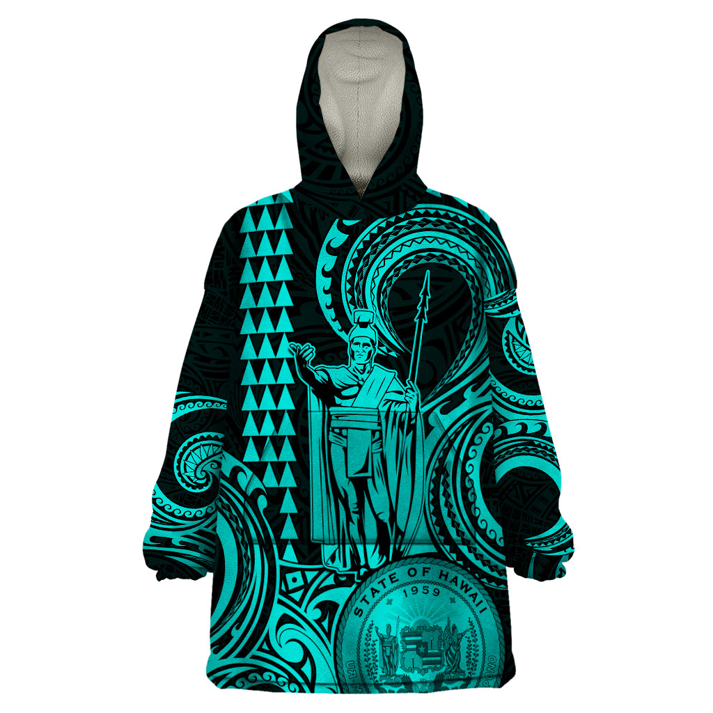 King Kamehameha Day Hawaii Wearable Blanket Hoodie Paradise of the Pacific Tribal Kakau with Kanaka Maoli - Turquoise LT9 One Size Turquoise - Polynesian Pride