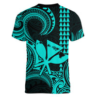 King Kamehameha Day Hawaii Women V Neck T Shirt Paradise of the Pacific Tribal Kakau with Kanaka Maoli - Turquoise LT9 - Polynesian Pride
