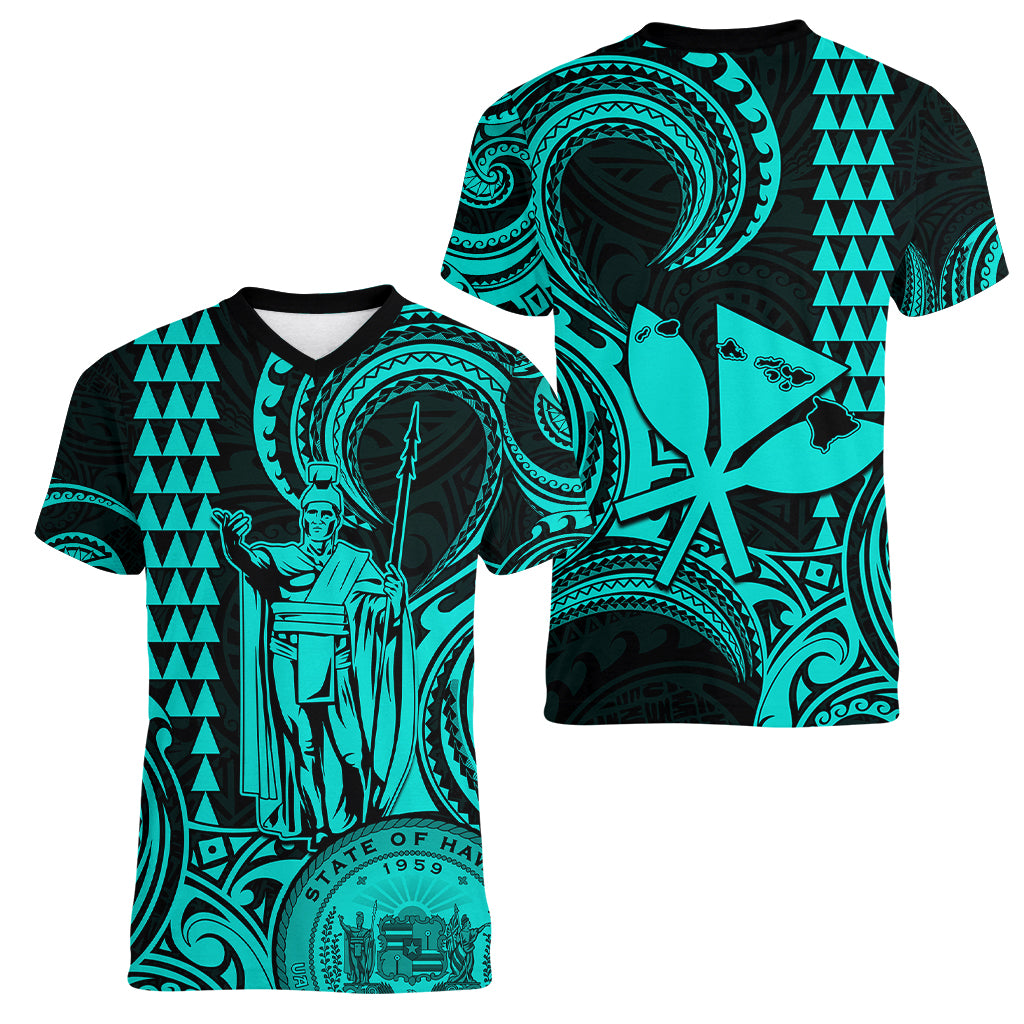 King Kamehameha Day Hawaii Women V Neck T Shirt Paradise of the Pacific Tribal Kakau with Kanaka Maoli - Turquoise LT9 - Polynesian Pride