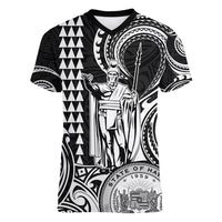 Custom King Kamehameha Day Hawaii Women V Neck T Shirt Paradise of the Pacific Tribal Kakau with Kanaka Maoli - White LT9 Female White - Polynesian Pride