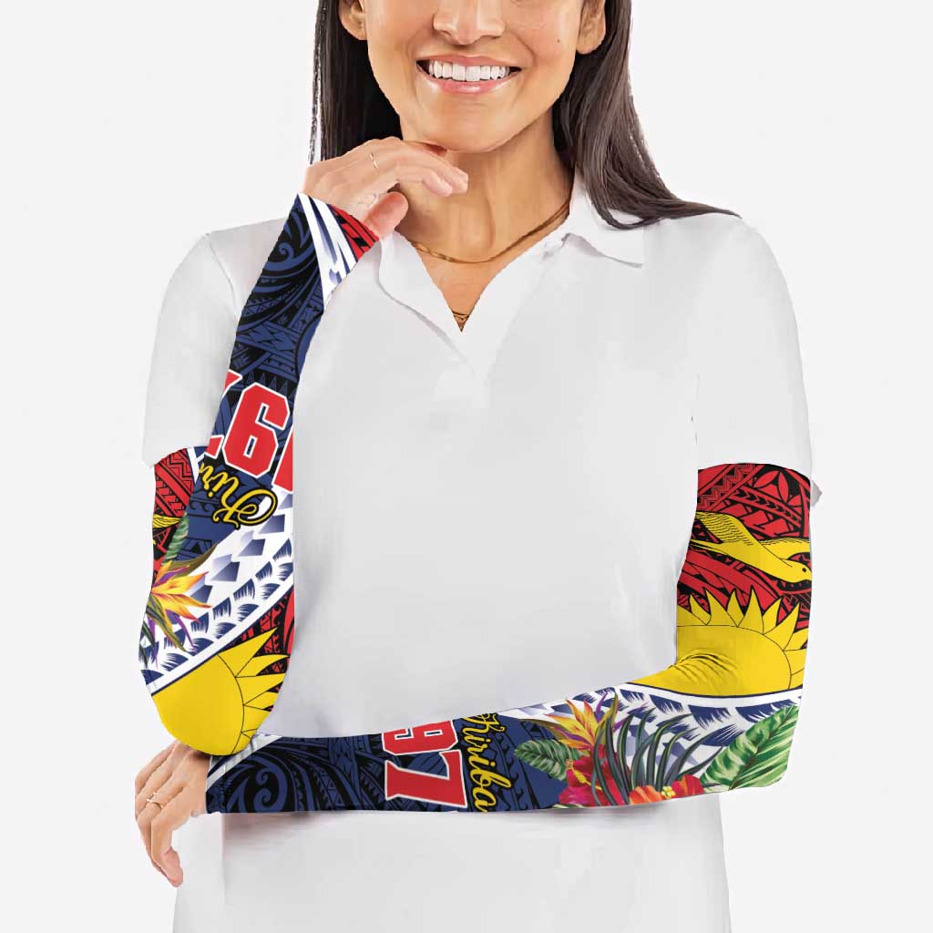 Flag of Kiribati Polynesian Pattern Arm Sleeves Est 1979 With Tropical Flowers - Polynesian Pride