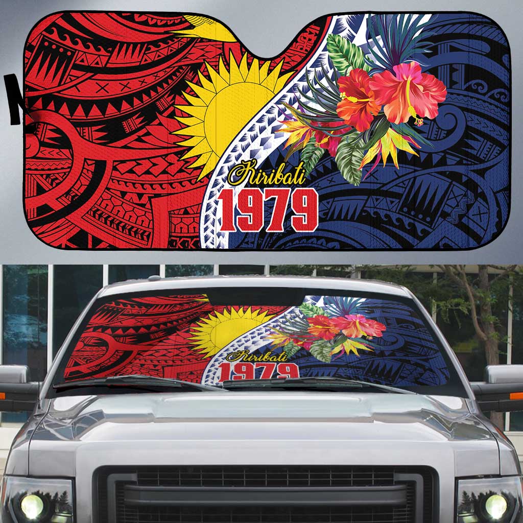 Flag of Kiribati Polynesian Pattern Auto Sun Shade Est 1979 With Tropical Flowers - Polynesian Pride
