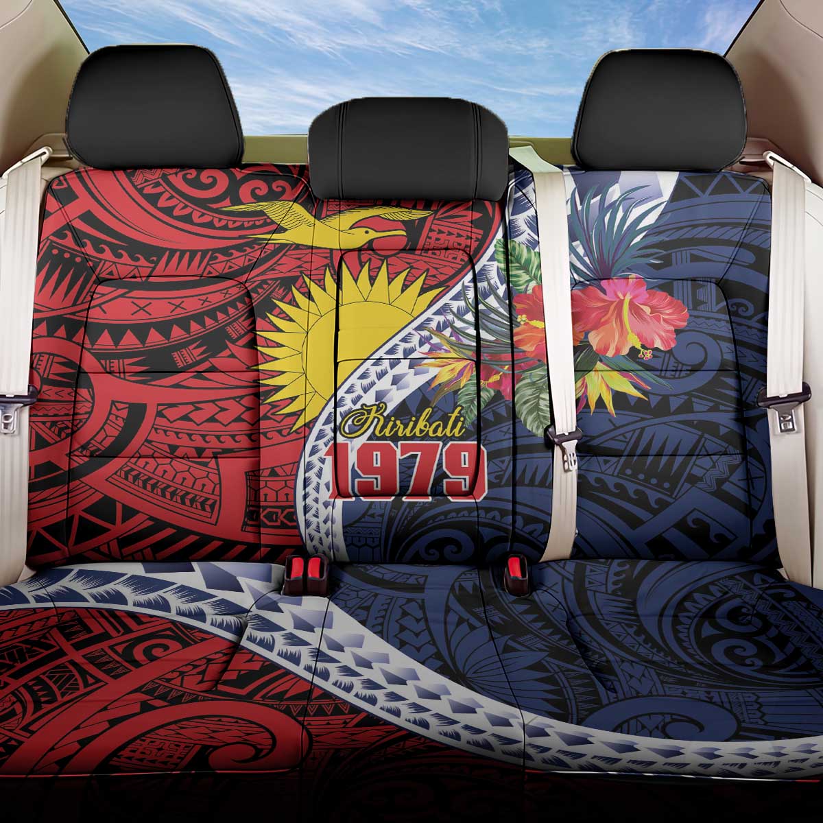Flag of Kiribati Polynesian Pattern Back Car Seat Cover Est 1979 With Tropical Flowers