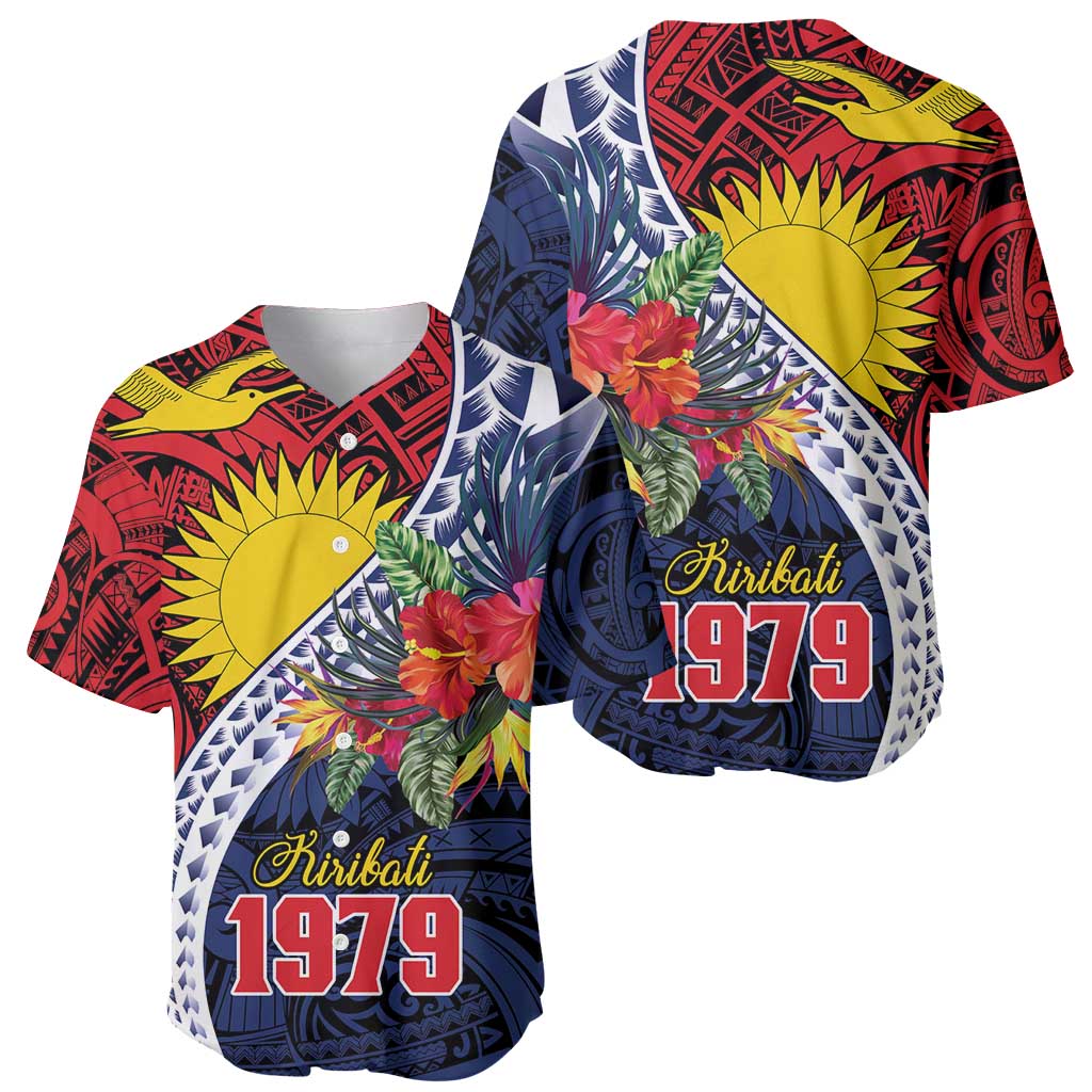 Flag of Kiribati Polynesian Pattern Baseball Jersey Est 1979 With Tropical Flowers