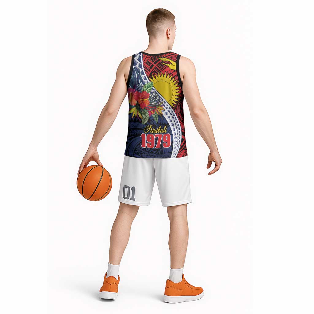Flag of Kiribati Polynesian Pattern Basketball Jersey Est 1979 With Tropical Flowers - Polynesian Pride