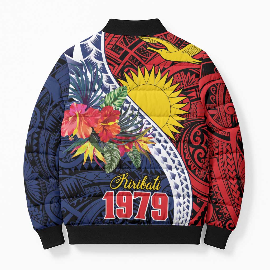 Flag of Kiribati Polynesian Pattern Bomber Puffer Jacket Est 1979 With Tropical Flowers - Polynesian Pride