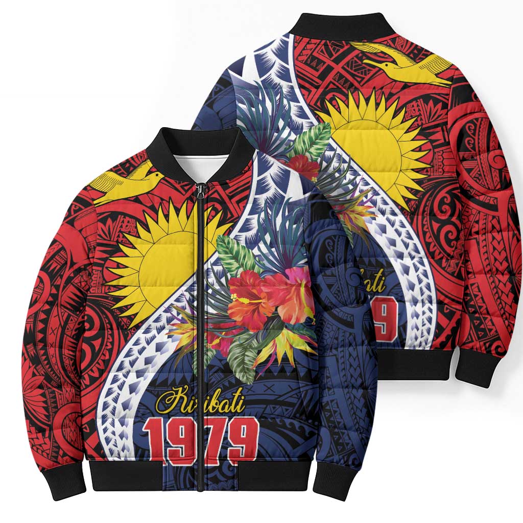 Flag of Kiribati Polynesian Pattern Bomber Puffer Jacket Est 1979 With Tropical Flowers - Polynesian Pride