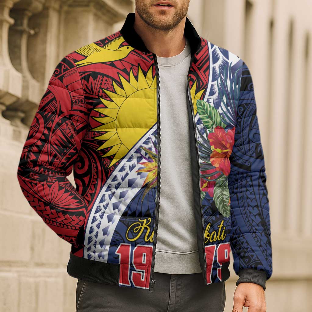 Flag of Kiribati Polynesian Pattern Bomber Puffer Jacket Est 1979 With Tropical Flowers - Polynesian Pride