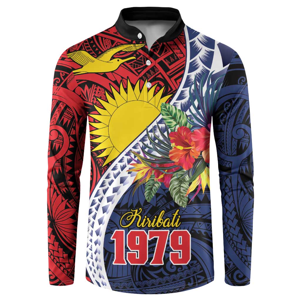 Flag of Kiribati Polynesian Pattern Button Sweatshirt Est 1979 With Tropical Flowers