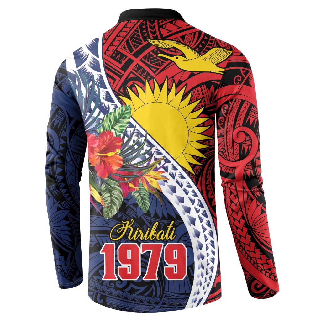 Flag of Kiribati Polynesian Pattern Button Sweatshirt Est 1979 With Tropical Flowers
