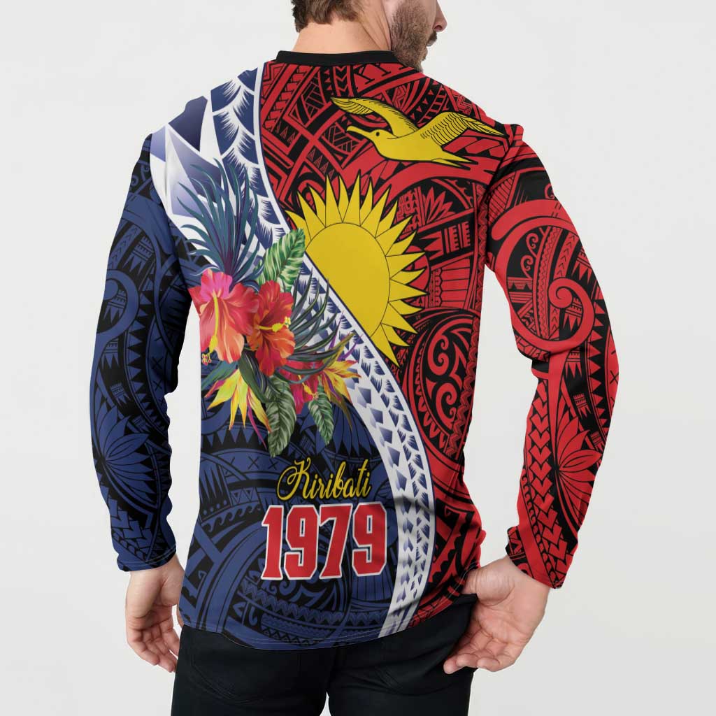 Flag of Kiribati Polynesian Pattern Button Sweatshirt Est 1979 With Tropical Flowers