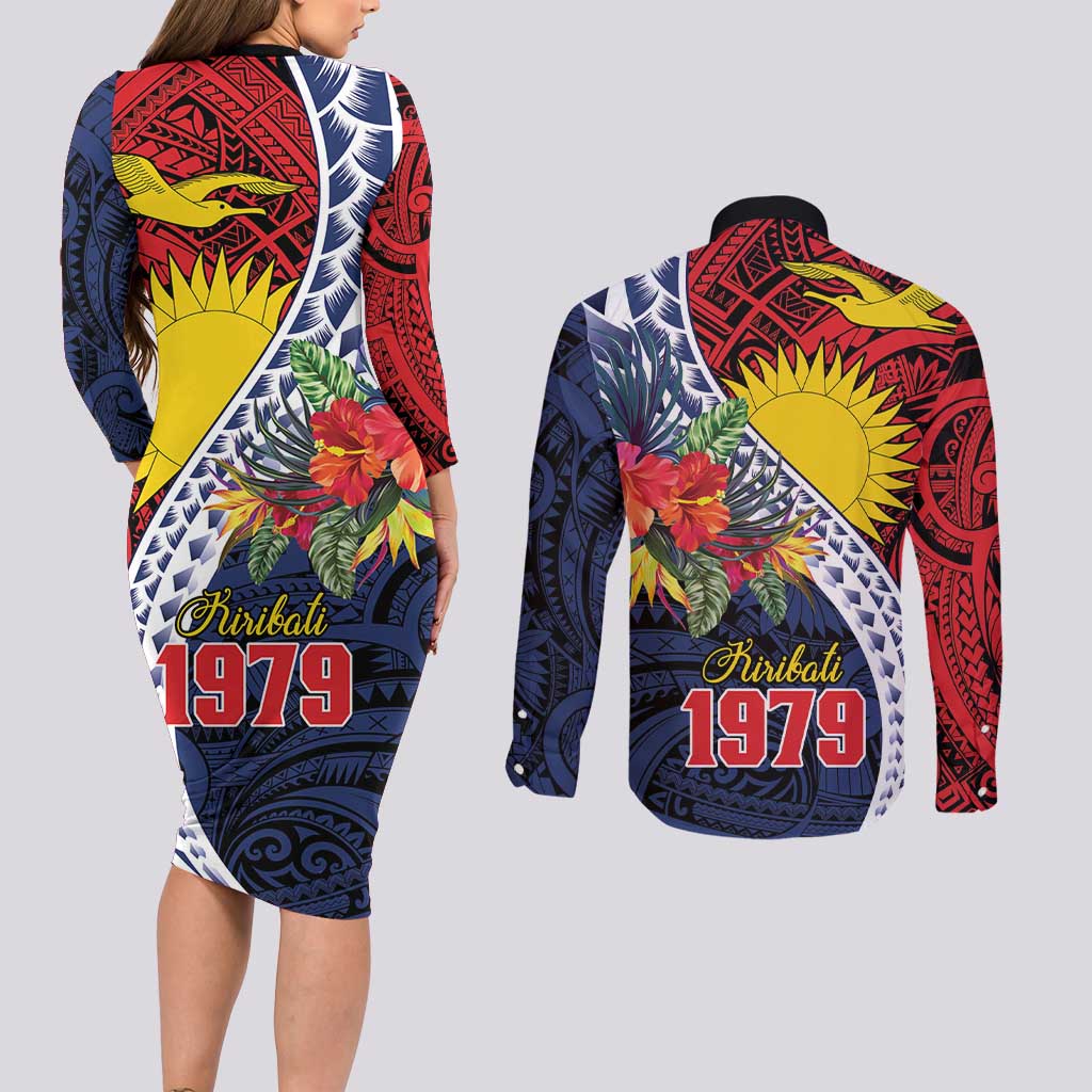 Flag of Kiribati Polynesian Pattern Couples Matching Long Sleeve Bodycon Dress and Long Sleeve Button Shirt Est 1979 With Tropical Flowers