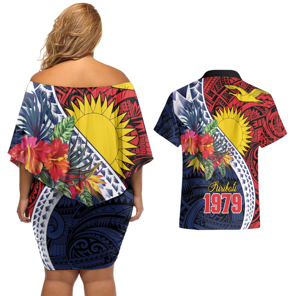 Flag of Kiribati Polynesian Pattern Couples Matching Off Shoulder Short Dress and Hawaiian Shirt Est 1979 With Tropical Flowers
