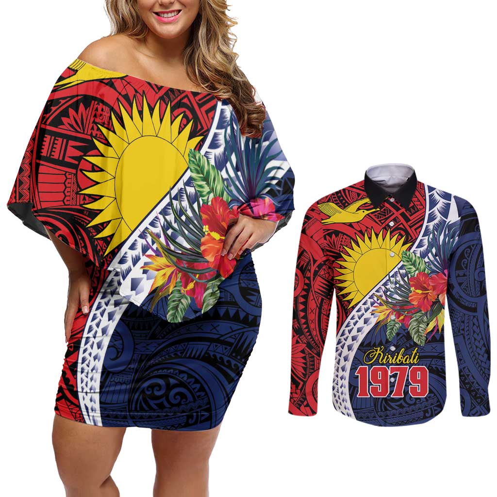 Flag of Kiribati Polynesian Pattern Couples Matching Off Shoulder Short Dress and Long Sleeve Button Shirt Est 1979 With Tropical Flowers