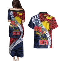 Flag of Kiribati Polynesian Pattern Couples Matching Puletasi and Hawaiian Shirt Est 1979 With Tropical Flowers