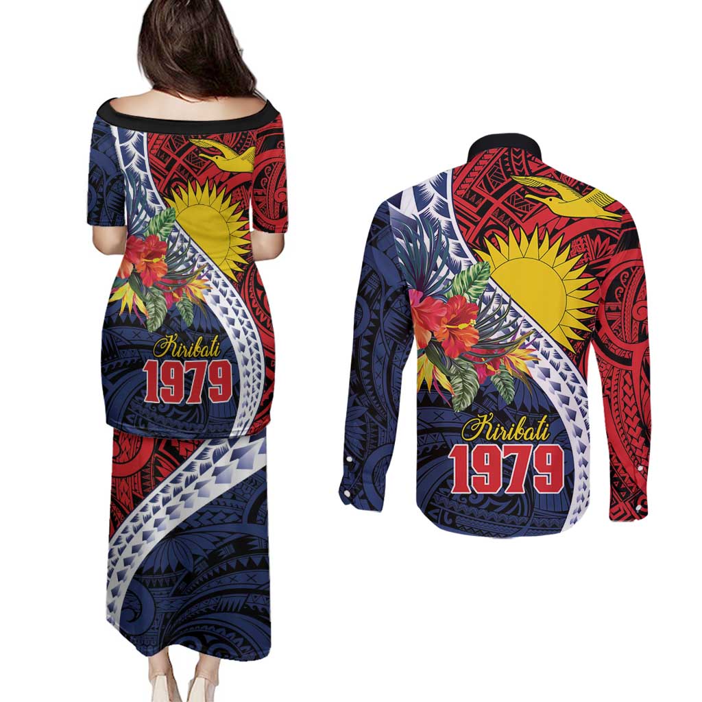 Flag of Kiribati Polynesian Pattern Couples Matching Puletasi and Long Sleeve Button Shirt Est 1979 With Tropical Flowers