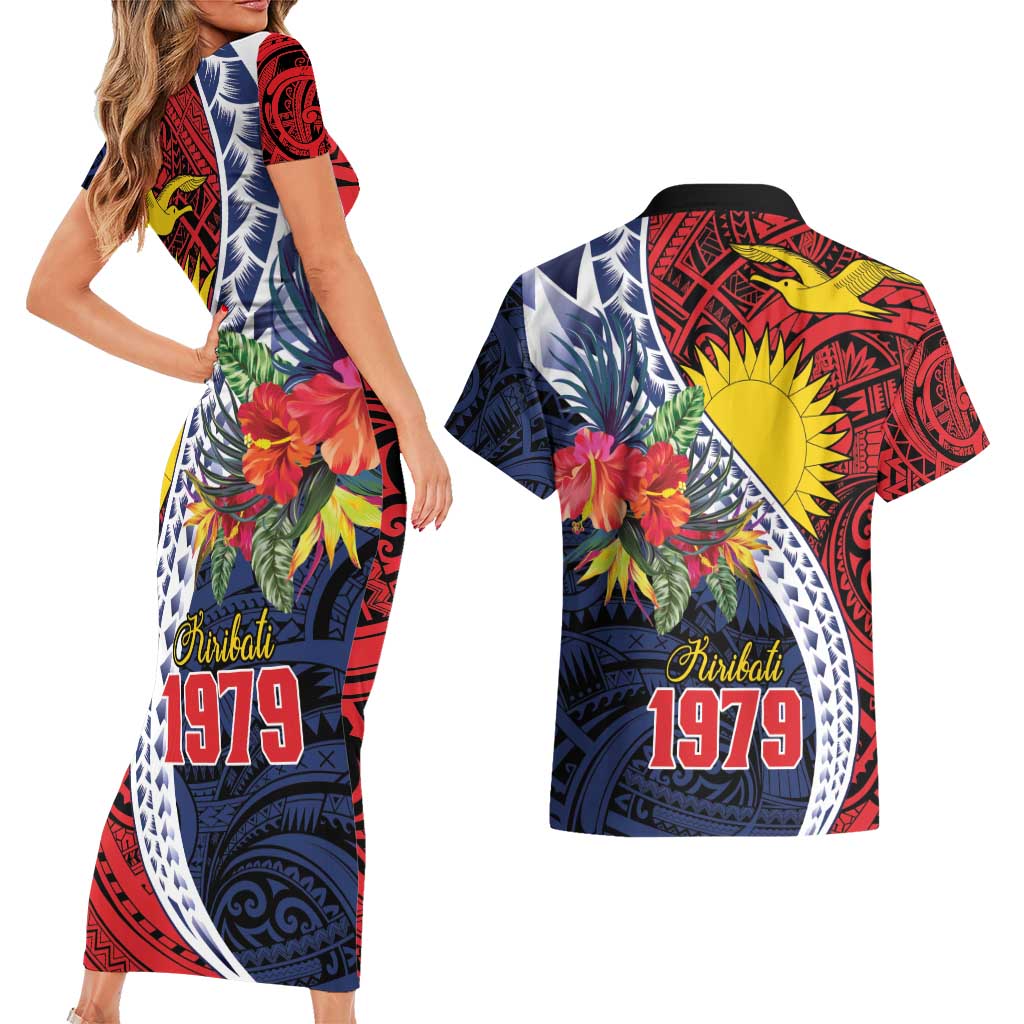 Flag of Kiribati Polynesian Pattern Couples Matching Short Sleeve Bodycon Dress and Hawaiian Shirt Est 1979 With Tropical Flowers