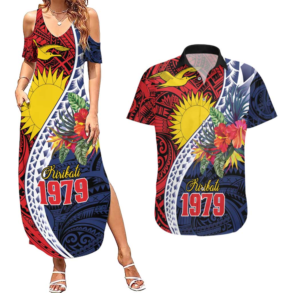 Flag of Kiribati Polynesian Pattern Couples Matching Summer Maxi Dress and Hawaiian Shirt Est 1979 With Tropical Flowers