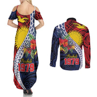 Flag of Kiribati Polynesian Pattern Couples Matching Summer Maxi Dress and Long Sleeve Button Shirt Est 1979 With Tropical Flowers