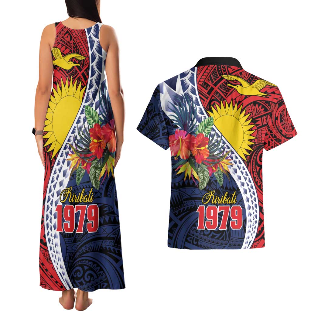 Flag of Kiribati Polynesian Pattern Couples Matching Tank Maxi Dress and Hawaiian Shirt Est 1979 With Tropical Flowers
