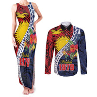 Flag of Kiribati Polynesian Pattern Couples Matching Tank Maxi Dress and Long Sleeve Button Shirt Est 1979 With Tropical Flowers
