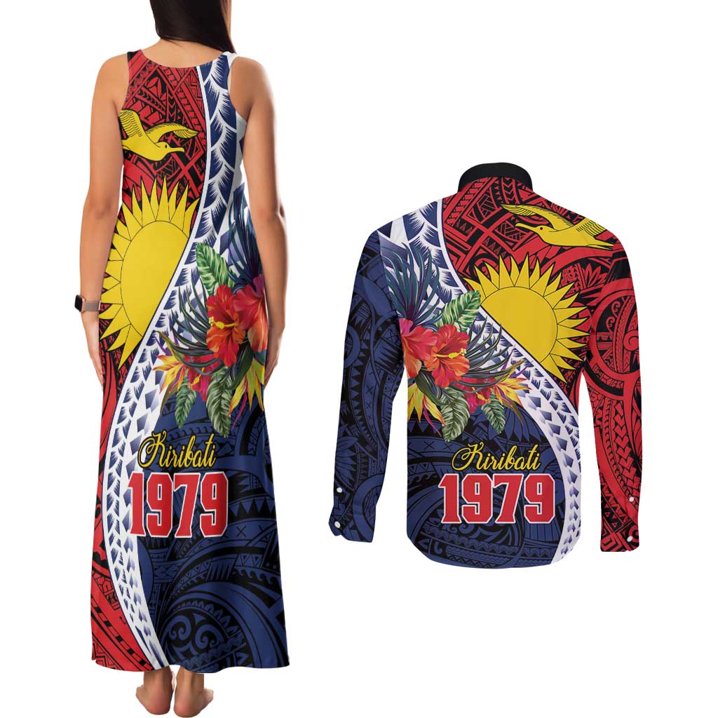 Flag of Kiribati Polynesian Pattern Couples Matching Tank Maxi Dress and Long Sleeve Button Shirt Est 1979 With Tropical Flowers