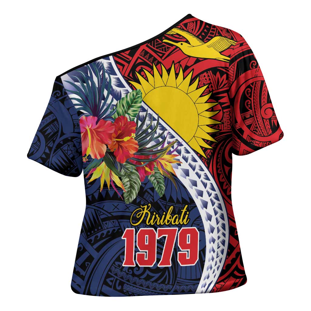 Flag of Kiribati Polynesian Pattern Cross Shoulder Shirt Est 1979 With Tropical Flowers - Polynesian Pride