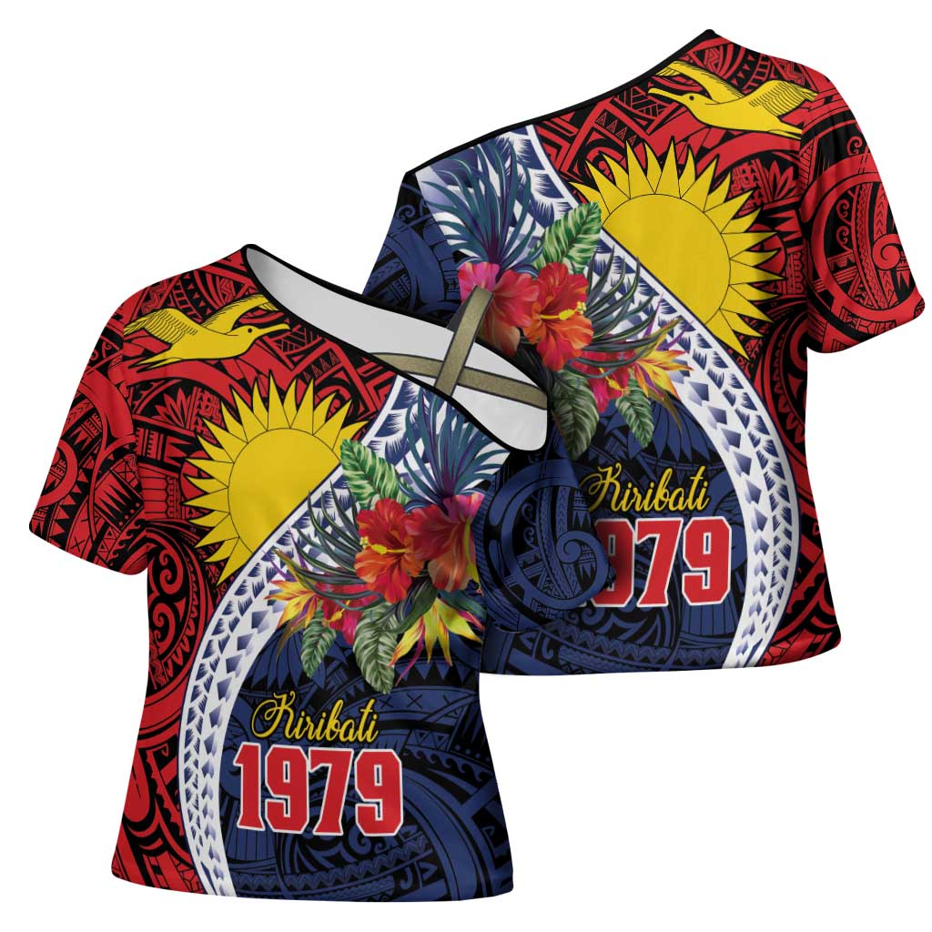 Flag of Kiribati Polynesian Pattern Cross Shoulder Shirt Est 1979 With Tropical Flowers - Polynesian Pride