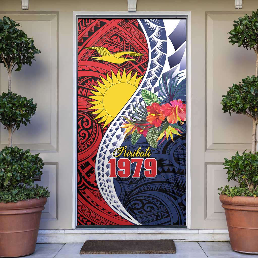 Flag of Kiribati Polynesian Pattern Door Cover Est 1979 With Tropical Flowers - Polynesian Pride