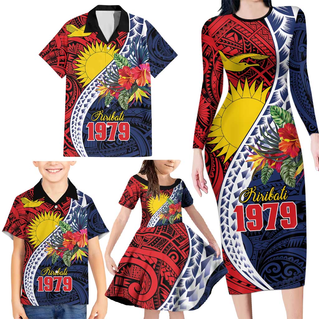 Flag of Kiribati Polynesian Pattern Family Matching Long Sleeve Bodycon Dress and Hawaiian Shirt Est 1979 With Tropical Flowers