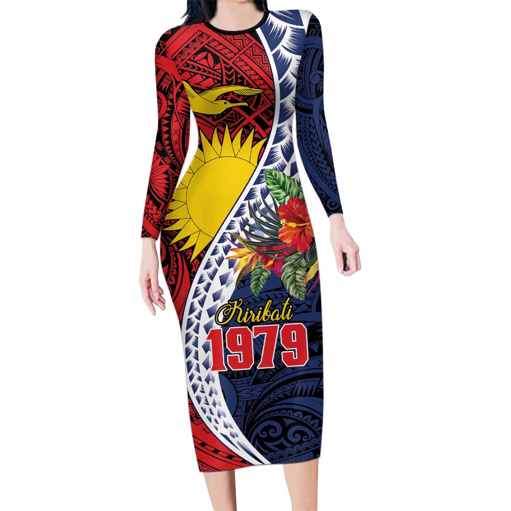 Flag of Kiribati Polynesian Pattern Family Matching Long Sleeve Bodycon Dress and Hawaiian Shirt Est 1979 With Tropical Flowers