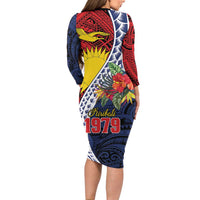 Flag of Kiribati Polynesian Pattern Family Matching Long Sleeve Bodycon Dress and Hawaiian Shirt Est 1979 With Tropical Flowers