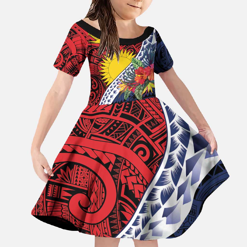 Flag of Kiribati Polynesian Pattern Family Matching Mermaid Dress and Hawaiian Shirt Est 1979 With Tropical Flowers