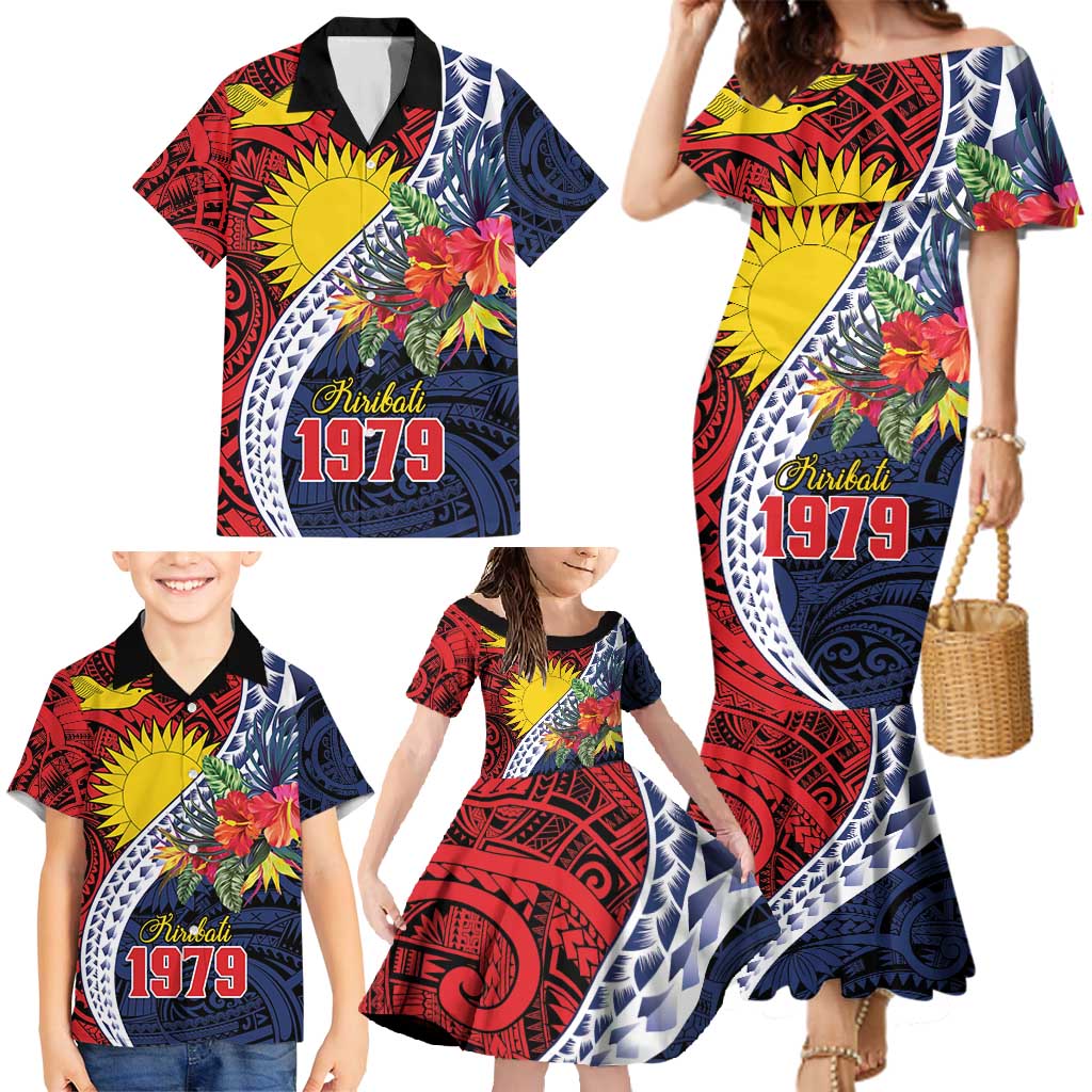 Flag of Kiribati Polynesian Pattern Family Matching Mermaid Dress and Hawaiian Shirt Est 1979 With Tropical Flowers