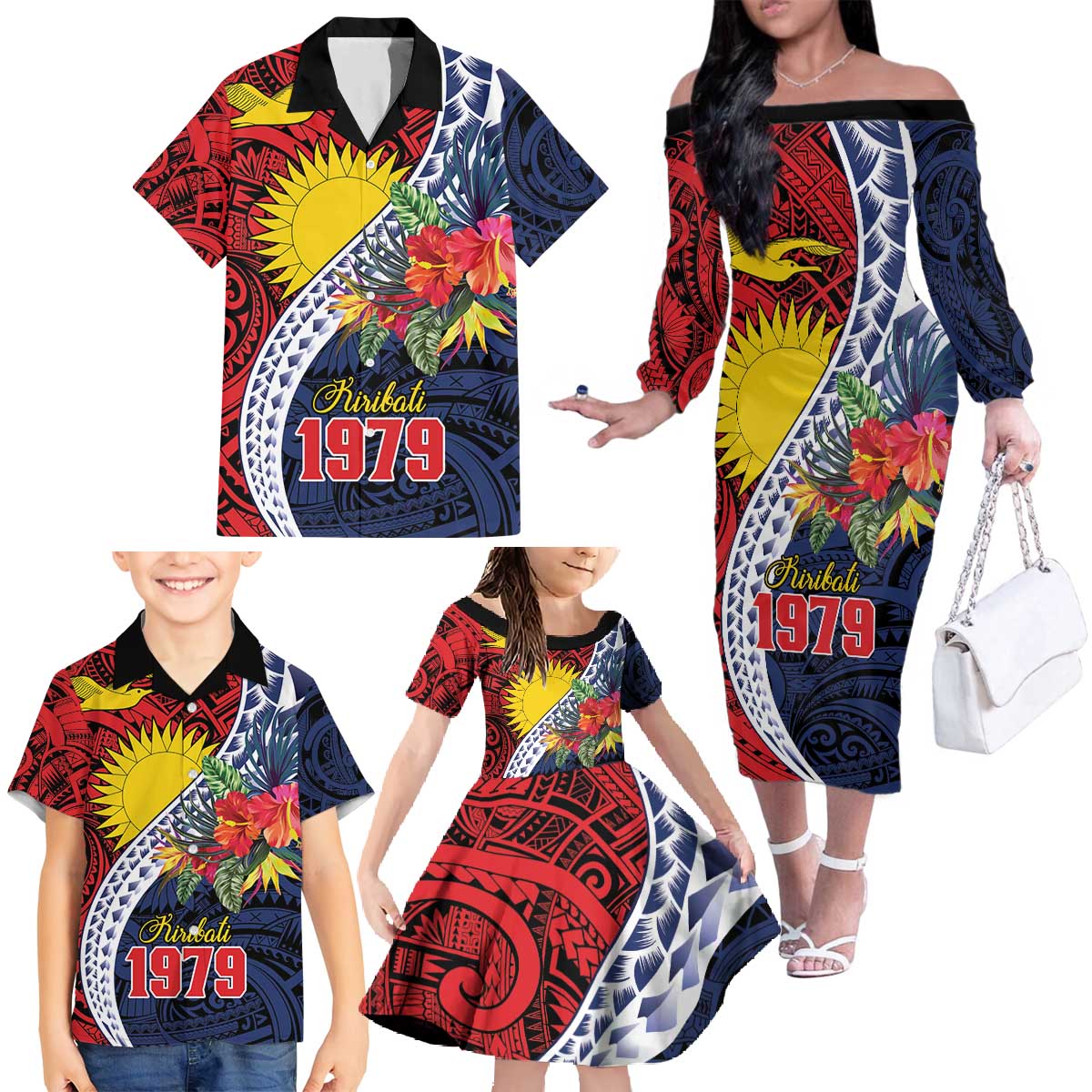 Flag of Kiribati Polynesian Pattern Family Matching Off The Shoulder Long Sleeve Dress and Hawaiian Shirt Est 1979 With Tropical Flowers