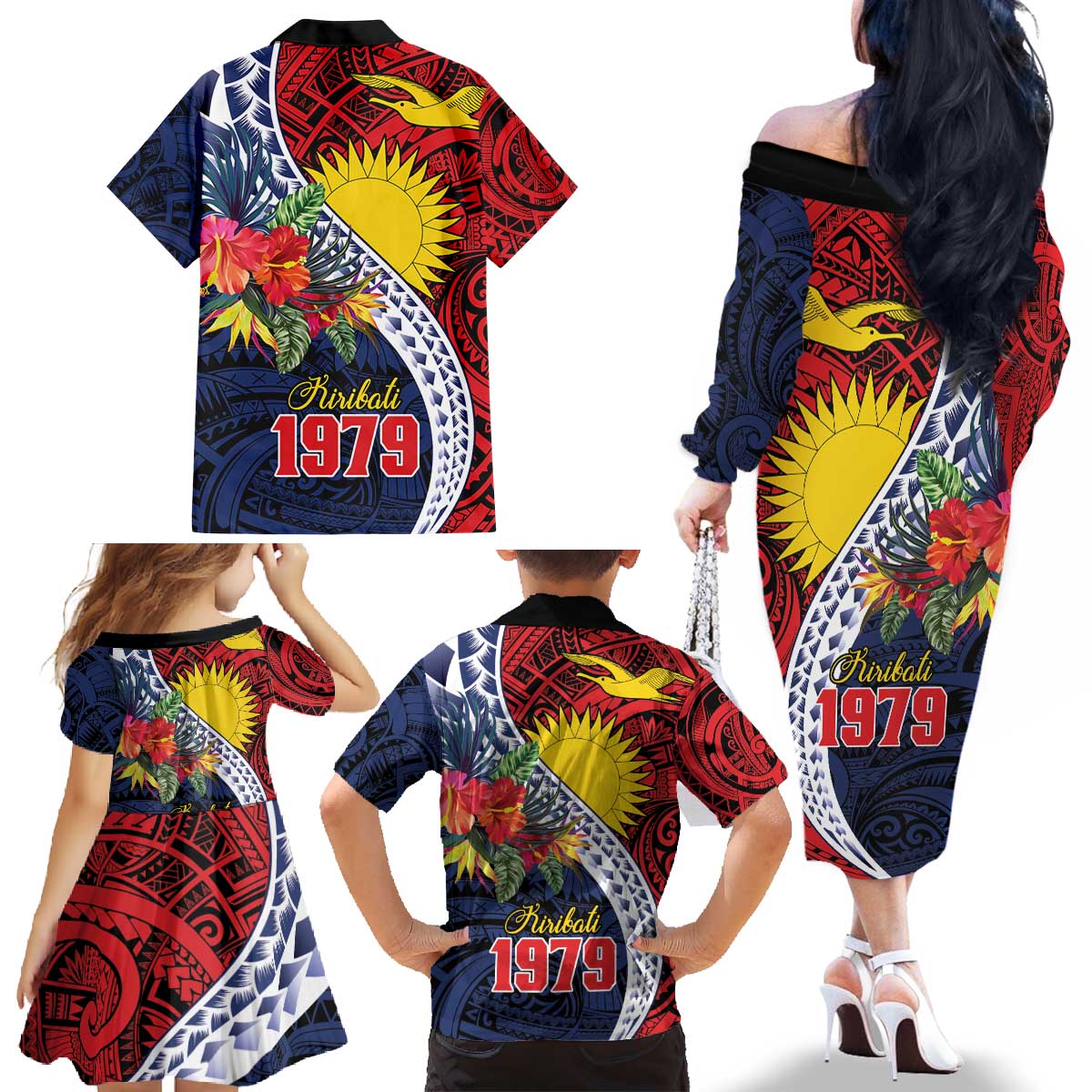 Flag of Kiribati Polynesian Pattern Family Matching Off The Shoulder Long Sleeve Dress and Hawaiian Shirt Est 1979 With Tropical Flowers