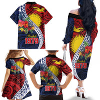 Flag of Kiribati Polynesian Pattern Family Matching Off The Shoulder Long Sleeve Dress and Hawaiian Shirt Est 1979 With Tropical Flowers