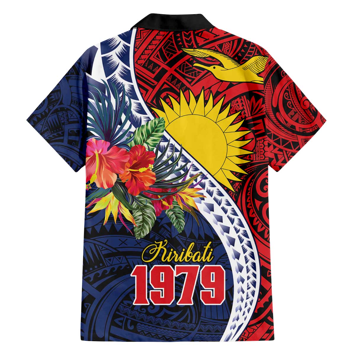 Flag of Kiribati Polynesian Pattern Family Matching Off The Shoulder Long Sleeve Dress and Hawaiian Shirt Est 1979 With Tropical Flowers