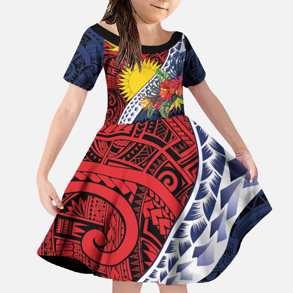 Flag of Kiribati Polynesian Pattern Family Matching Off Shoulder Maxi Dress and Hawaiian Shirt Est 1979 With Tropical Flowers