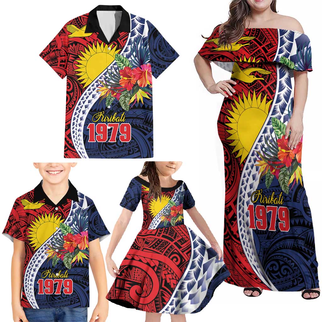 Flag of Kiribati Polynesian Pattern Family Matching Off Shoulder Maxi Dress and Hawaiian Shirt Est 1979 With Tropical Flowers
