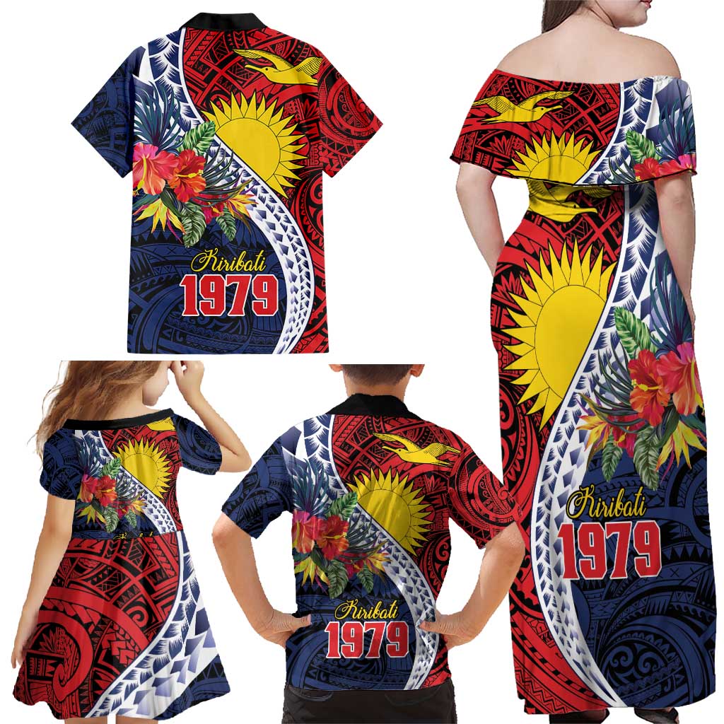 Flag of Kiribati Polynesian Pattern Family Matching Off Shoulder Maxi Dress and Hawaiian Shirt Est 1979 With Tropical Flowers
