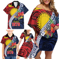 Flag of Kiribati Polynesian Pattern Family Matching Off Shoulder Short Dress and Hawaiian Shirt Est 1979 With Tropical Flowers