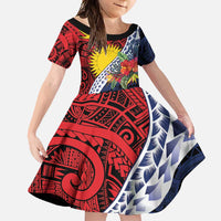 Flag of Kiribati Polynesian Pattern Family Matching Short Sleeve Bodycon Dress and Hawaiian Shirt Est 1979 With Tropical Flowers