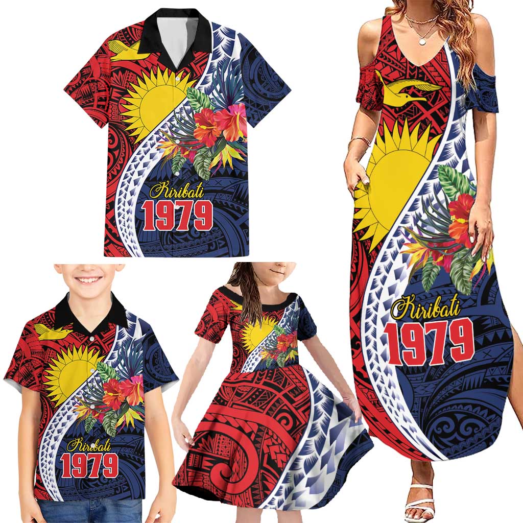 Flag of Kiribati Polynesian Pattern Family Matching Summer Maxi Dress and Hawaiian Shirt Est 1979 With Tropical Flowers