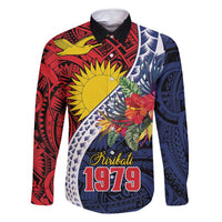 Flag of Kiribati Polynesian Pattern Family Matching Summer Maxi Dress and Hawaiian Shirt Est 1979 With Tropical Flowers