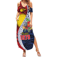 Flag of Kiribati Polynesian Pattern Family Matching Summer Maxi Dress and Hawaiian Shirt Est 1979 With Tropical Flowers