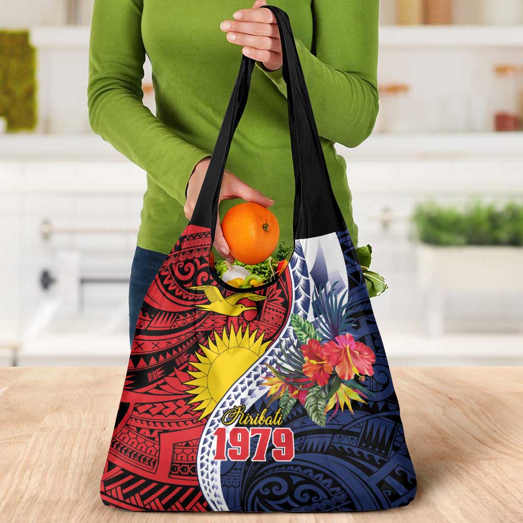 Flag of Kiribati Polynesian Pattern Grocery Bag Est 1979 With Tropical Flowers